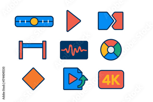 Video Editing Icons. Flat vector icons of video editing apps: timeline slider, playhead, transition icon, trim handles, audio wave