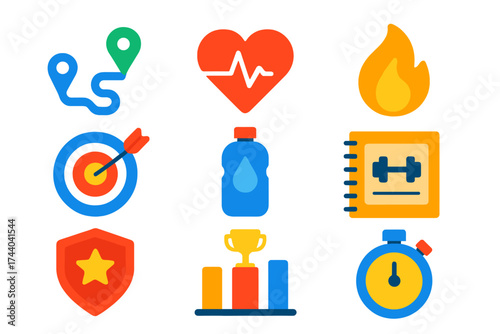 Fitness App Icons. Flat vector icons of fitness tracking apps: run route, heart beat line, calorie flame, goal target, hydration