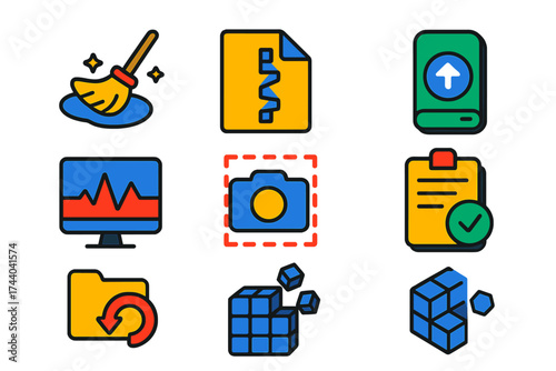 Utility Software Icons. Flat vector icons of utility software: disk cleaner, file compressor, backup tool, system monitor,