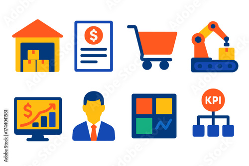ERP Software Icons. Flat vector icons of ERP software: warehouse icon, invoice module, procurement cart, production line, finance