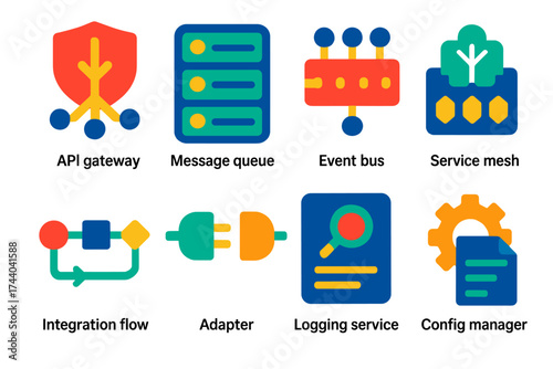 Modern Middleware Icons. Flat vector icons of middleware: API gateway, message queue, event bus, service mesh, integration flow,