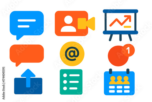 Collaboration Software Icons. Flat vector icons of collaboration software: chat bubble, video call, shared whiteboard, file