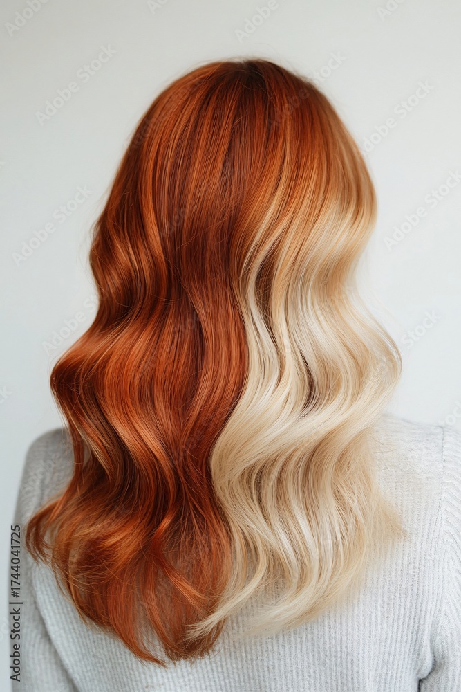 Fototapeta premium Woman's wavy two toned hair half ginger red and half blonde against a plain background