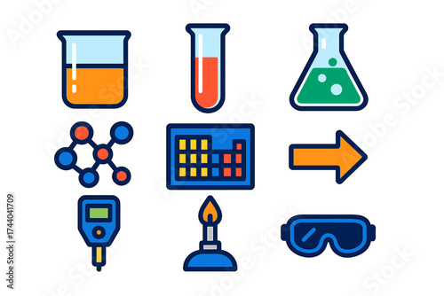 Modern Chemistry Icons. Flat vector icons of chemistry: [beaker, test tube, flask], [molecular model, periodic table, reaction