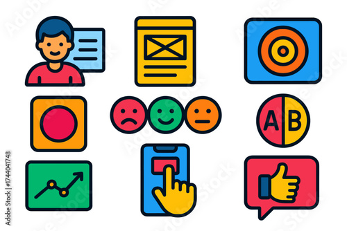 Modern UX Research Icons. Flat vector icons of UX research: user persona, wireframe screen, click heatmap, session recording icon,