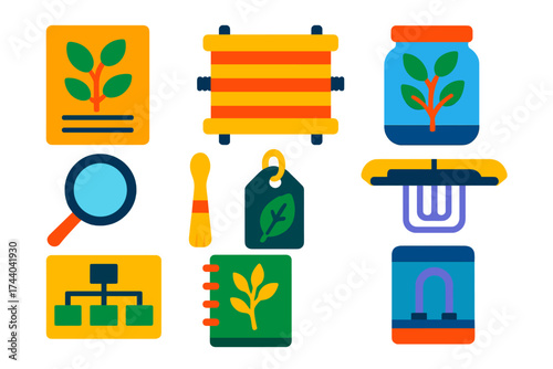 Modern Botanical Icons. Flat vector icons of botanical study: specimen sheet, plant press, herbarium jar, magnifier, pollen brush,
