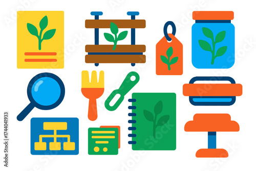 Modern Botanical Icons. Flat vector icons of botanical study: specimen sheet, plant press, herbarium jar, magnifier, pollen brush,