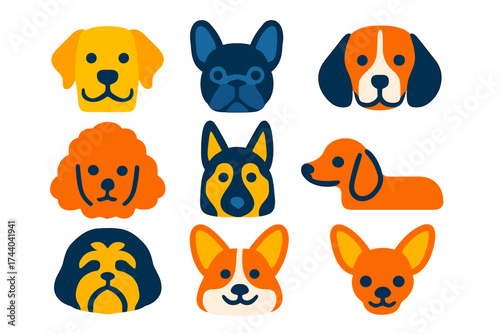 Colorful Dog Icons. Flat vector icons of dog breeds as pets: Labrador Retriever, French Bulldog, Beagle, Poodle, German Shepherd,