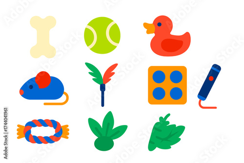 Pet Toy Icons. Flat vector icons of pet toys: chew bone, tennis ball, squeaky toy, plush mouse, feather wand, puzzle feeder, rope
