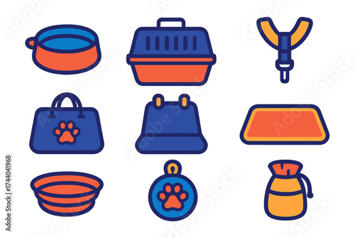 Pet Travel Essentials Icons. Flat vector icons of pet travel essentials: portable water bowl, travel crate, seat belt harness,
