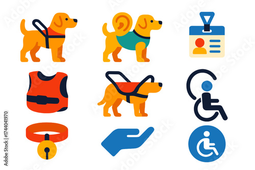 Service Animal Icons. Flat vector icons of service animals: guide dog, hearing dog, therapy dog, assistance vest, service harness,