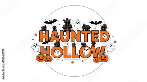 Haunted Hollow's Spooky Emblem: An eerie logo design featuring a spooky house, bats, ghosts and pumpkins to evoke a playful mood. Perfect for events.