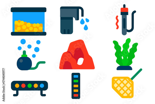 Minimalist Fish Tank Icons. Flat vector icons of fish tank setups: gravel bed, filter unit, heater, air stone, decorative rock,