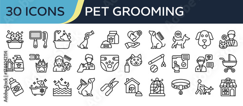 Collection of Pet Grooming icons, related to Kennel, Pet certificate, Animal vaccination, Pet salon, Pet cage and more. Outline icons vector illustation.