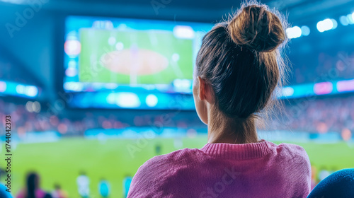 Rear view of female fan with hair in bun, attentively watching live sports game displayed on large screen in vibrant, blue-lit stadium