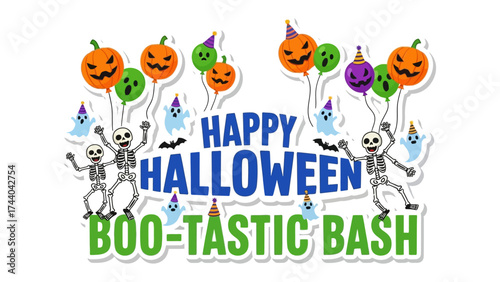 Happy Halloween Celebration: Vibrant balloons and playful skeletons herald the spooktacular fun of Halloween, with whimsical lettering, setting the scene for a Boo-tastic Bash of frights and delights.