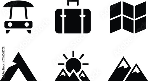 Black and white travel icon set for vacation or adventure