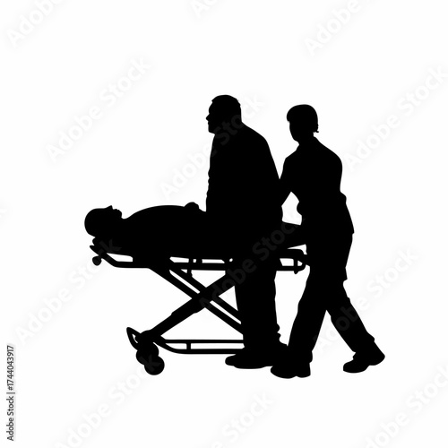 Paramedic transferring patient onto stretcher silhouette isolated on white background