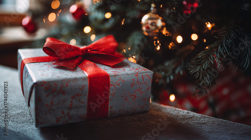 A beautifully wrapped present with a red bow, placed under the Christmas tree. © Aimages