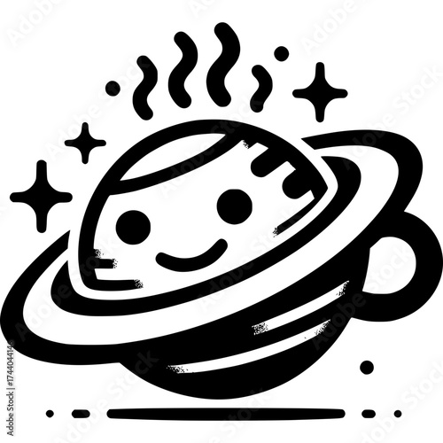 Celestial Cafe: Whimsical illustration of a steaming cup of coffee in the shape of planet, inviting a delightful intergalactic coffee break.