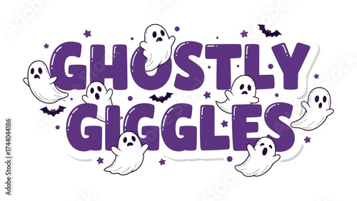 Ghostly Giggle: A vibrant illustration of Ghostly Giggles captures the playful spirit of Halloween with whimsical ghosts and bats. A spooky and fun design, perfect for seasonal projects.