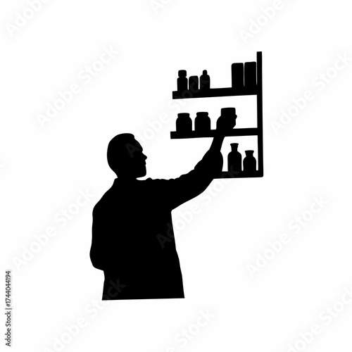 Silhouette of a pharmacist arranging medicine on pharmacy shelves isolated on white background