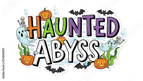 Haunted Abyss Illustration: An illustrative portrayal of Haunted Abyss, featuring key Halloween elements such as ghosts, pumpkins, and bats against a watery background.