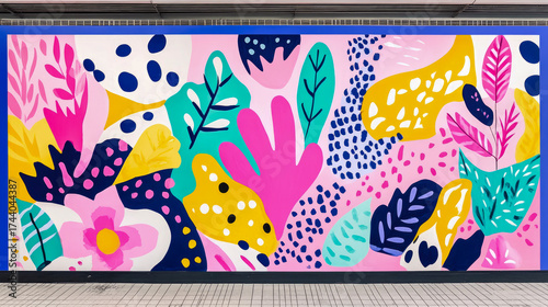 Large Scale Contemporary Abstract Botanical Wall Art in Bright Hues with Overlapping Stylized Leaves, Flowers, and Organic Shapes, Featuring Playful Dot Patterns and Bold Blue Border.