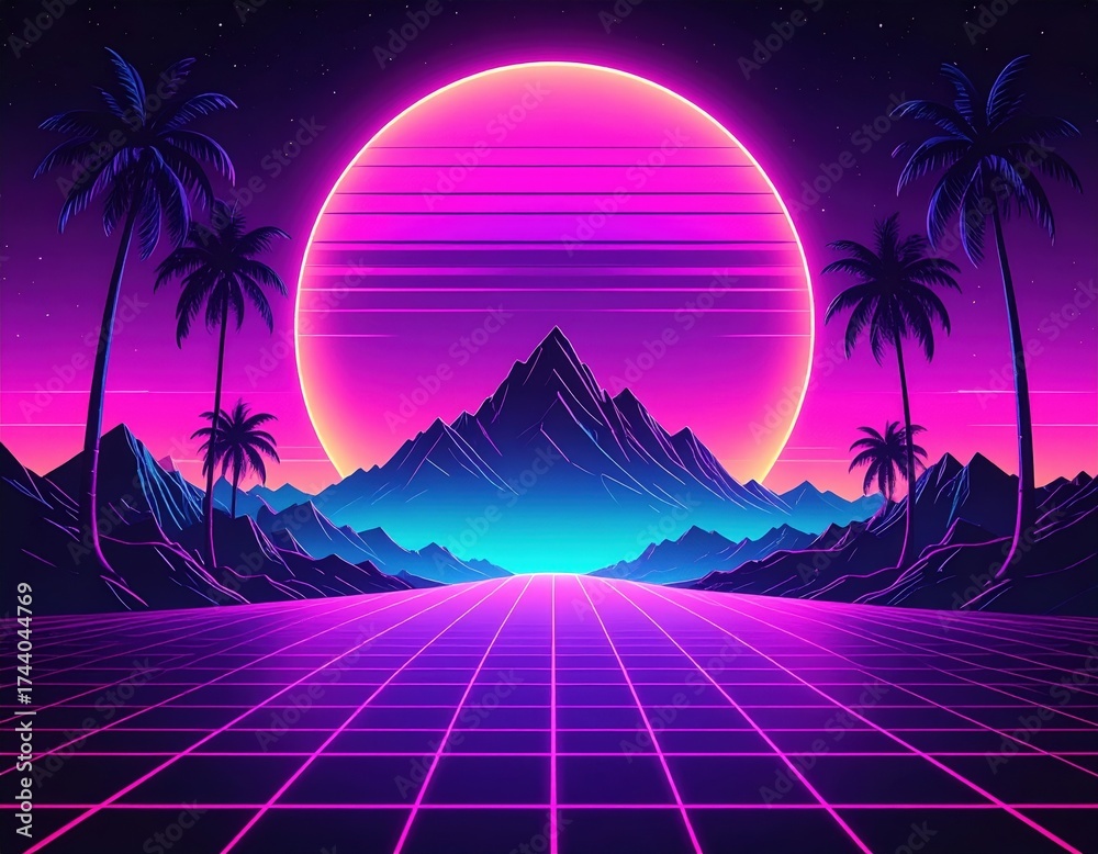 Naklejka premium Pixelated Digital Art Sunset over Mountain Landscape with Palm Trees and Grid Pattern in Retro Style