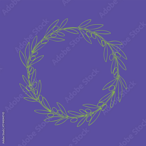 Elegant circular wreath made of delicate green leaves on a soft purple , creating a minimalist and natural decorative