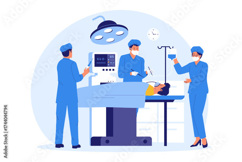 Illustration of Operating Room and Surgical Procedure. Medical Team Performing Complex Surgery in a Hospital Environment
