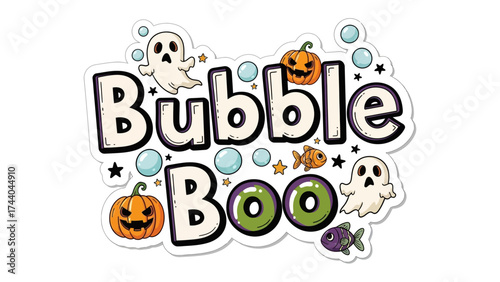 Halloween Boo Bubble: A festive Halloween illustration featuring a spooky and whimsical scene, bubbles with the text Bubble Boo, pumpkins, fish and ghosts, with a playful and celebratory atmosphere.