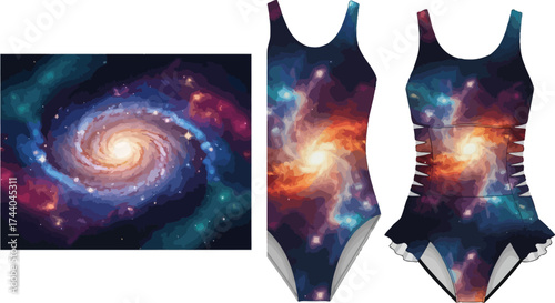 Galaxy themed swimsuits and a galaxy illustration displayed on a white background surface view