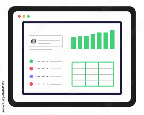 Digital dashboard with charts and graphs on a tablet screen