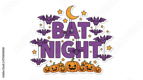 Spooky Bat Night: A playful depiction of a whimsical Halloween night, with grinning pumpkins, cheerful bats and a crescent moon setting the spooky-fun mood.