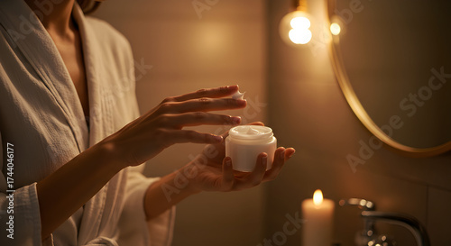 Woman in White Robe Applying Skincare Cream in a Softly Lit Bathroom Setting