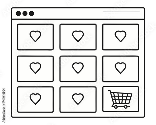 Online shopping cart icon with hearts on a website interface