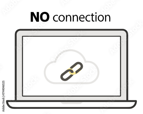 Laptop screen displays cloud icon with broken link symbol and no connection text