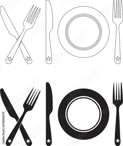 Cutlery Arrangement Knife, Fork, and Plate Silhouette vector