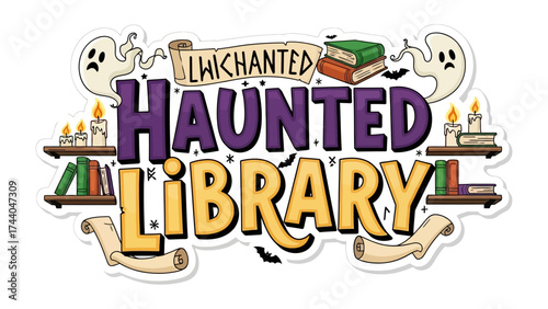 Enchanted Haunted Library: Enter a world of spooky enchantment within the walls of an enchanted library. Books on shelves are watched over by playful ghost, candles, scroll and bat. 