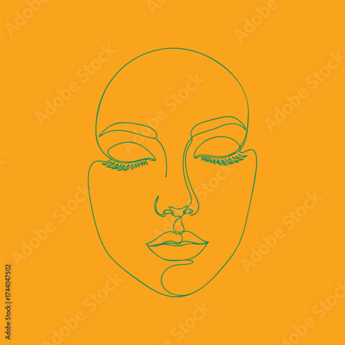 Minimalist continuous line drawing of a serene woman's face with closed eyes and long eyelashes on vibrant orange