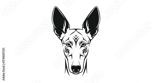 Black and white dog head with large ears logo Keywords: dog, head, portrait, black and white