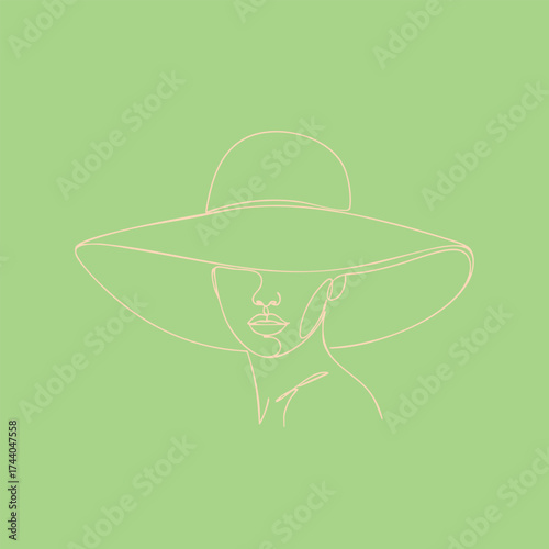Minimalist Line Art of a Woman Wearing a Wide-Brimmed Hat on a Soft Green