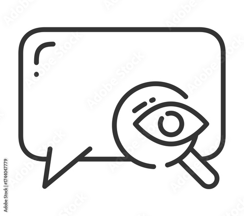 Line art speech bubble with magnifying glass and eye symbol