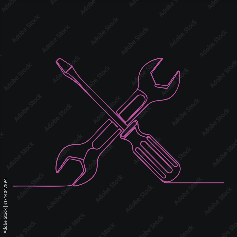 Obraz premium Minimalist neon outline of a crossed wrench and screwdriver symbolizing repair and maintenance tools on a dark