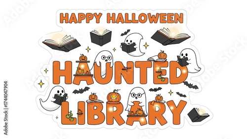 Halloween Themed Library: Charming illustration of a haunted library during Halloween with ghosts and open books, embodying the spirit of spooky tales and the joy of reading.