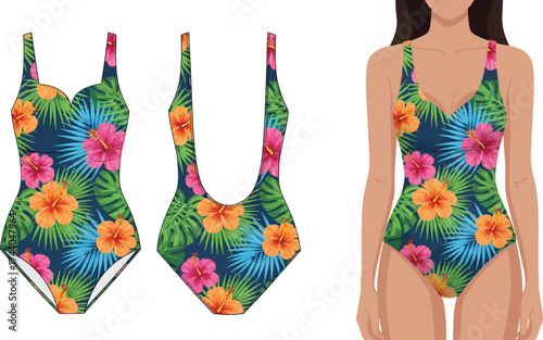 Floral swimsuit design with hibiscus and palm leaves shown on a model and as a flat sketch