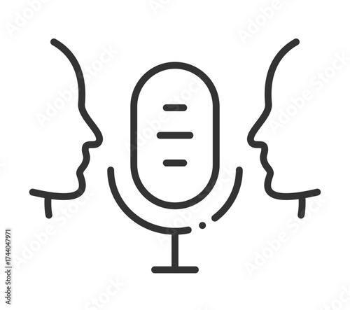 Minimalist line art of a microphone with two outlines of people talking