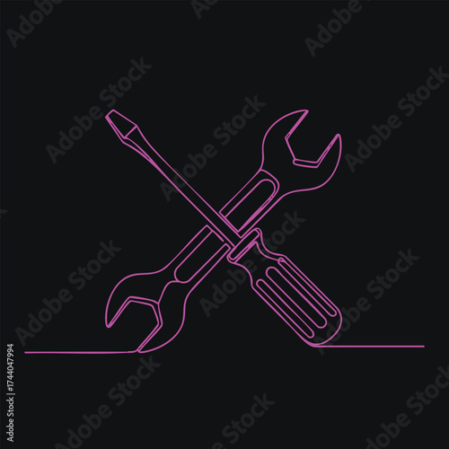 Minimalist neon outline of a crossed wrench and screwdriver symbolizing repair and maintenance tools on a dark