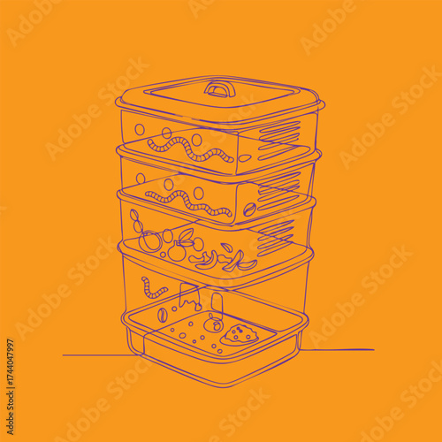Stacked plastic food containers with various contents including worms, insects, and debris, on an orange highlighting contamination
